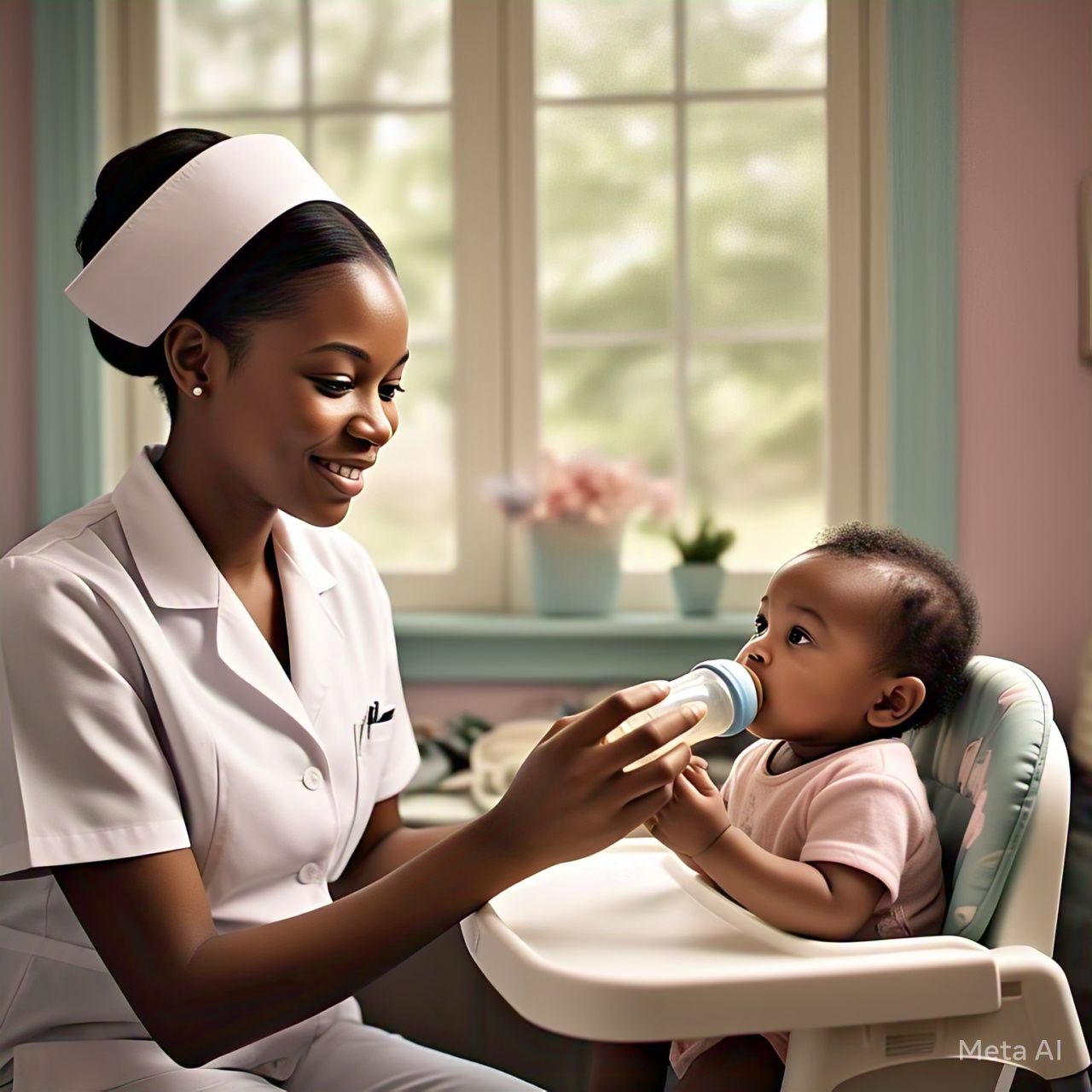 Baby nurse feeding a baby at home